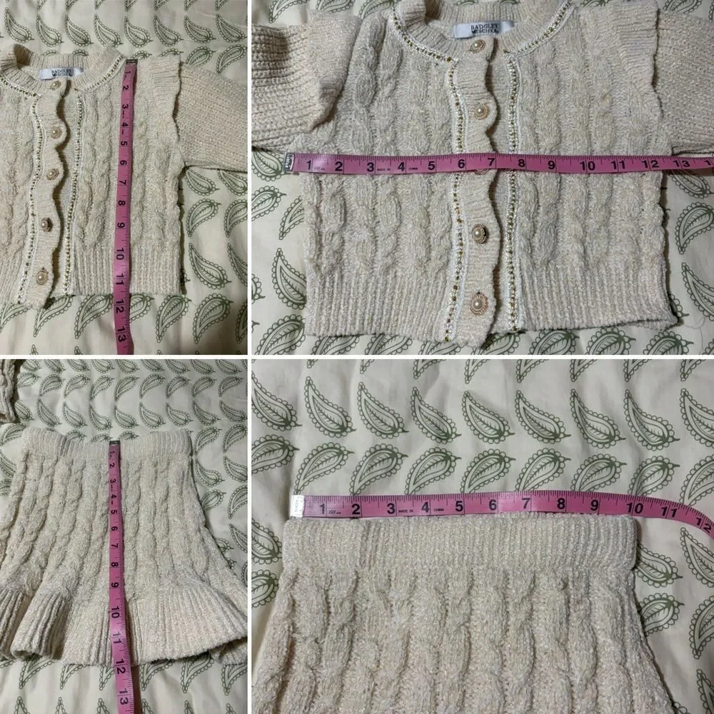 Badgley Mischka Cream Cable Knit Pearl Button Gold Metallic Sweater Set Girl 3T